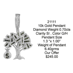 10k Iced Out Solid White Gold Money Tree Pendant 0.70Cts