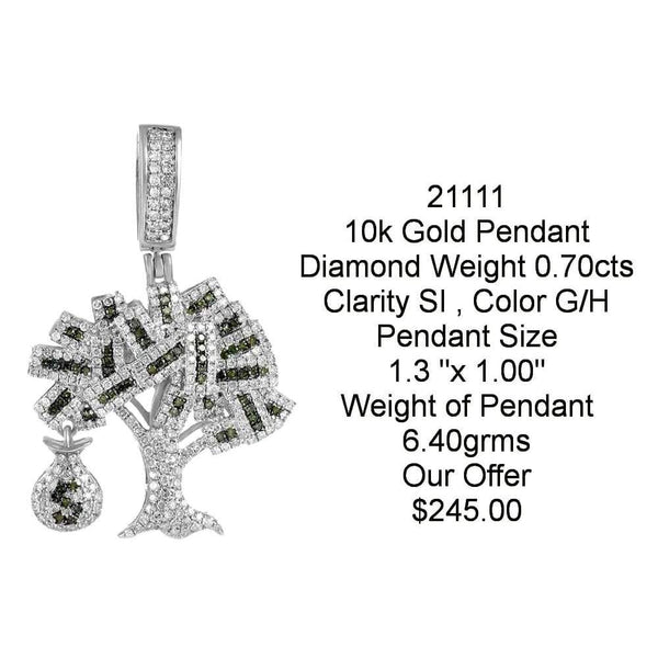 10k Iced Out Solid White Gold Money Tree Pendant 0.70Cts