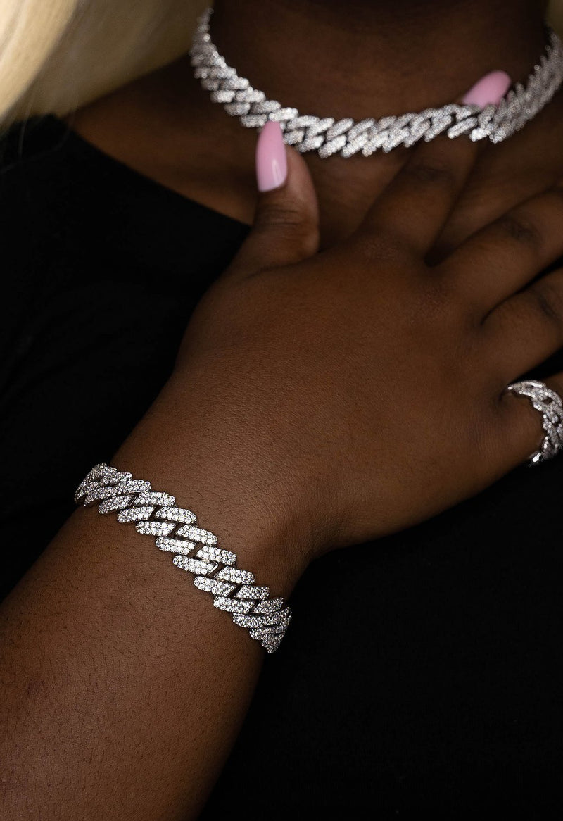 Iced Out White Gold Diamond Prong Cuban Link Bracelet 14mm