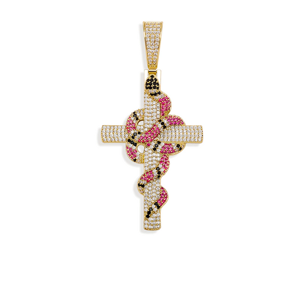 Gold Snake Cross Pendant Iced Out