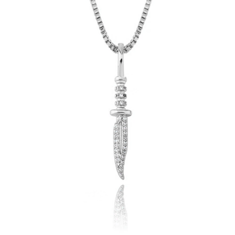 White Gold Knife Pendant Iced Out