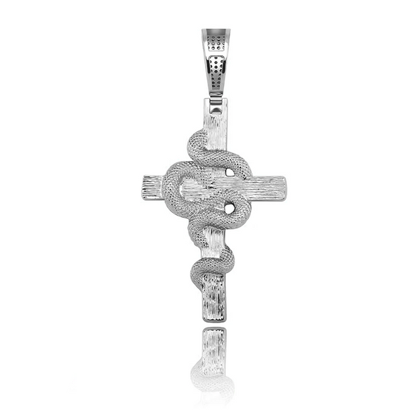 White Gold Snake Cross Pendant Iced Out