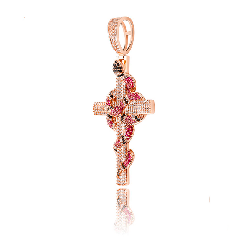 Rose Gold Snake Cross Pendant Iced Out