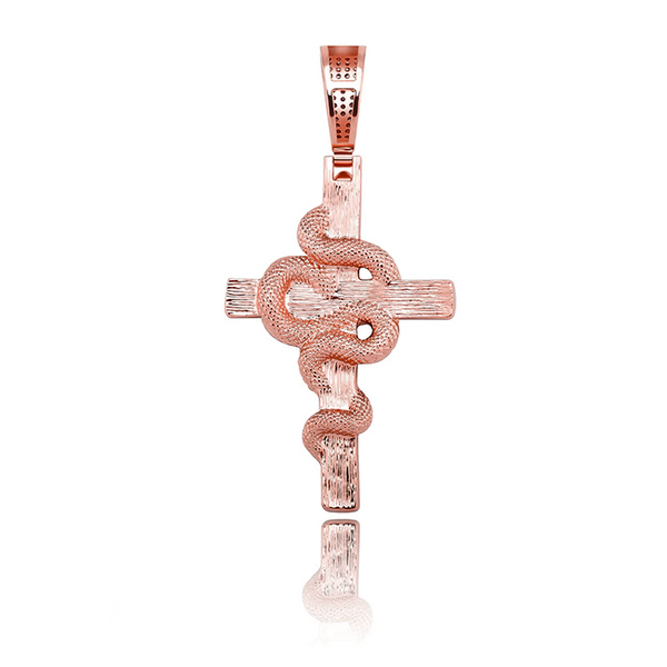 Rose Gold Snake Cross Pendant Iced Out