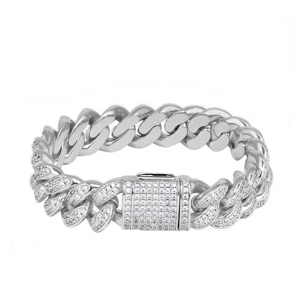 Iced Out 12mm White Gold 2 Rows Cuban Link Bracelet