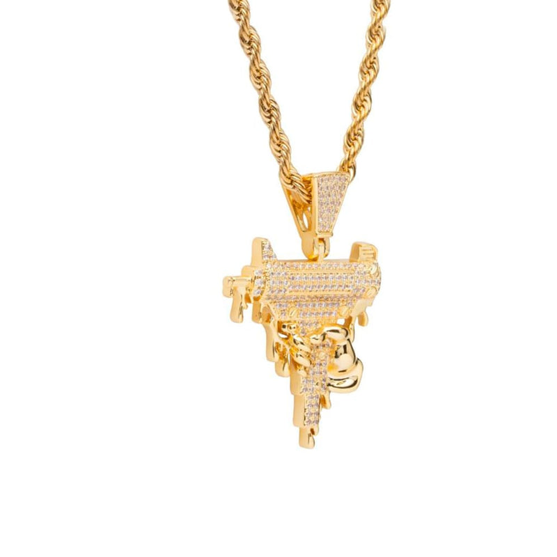 Gold Dripping Uzi Pendant Iced Out