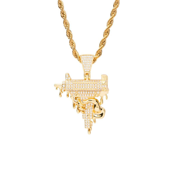 Gold Dripping Uzi Pendant Iced Out