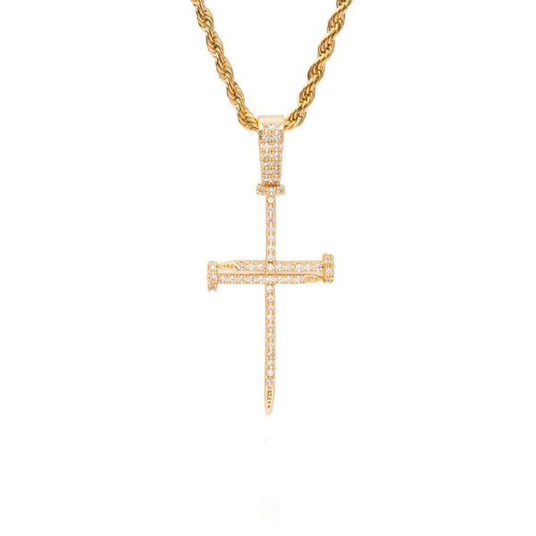 Gold Needle Cross Pendant Iced Out