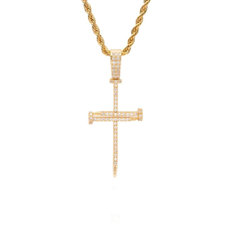 Gold Needle Cross Pendant Iced Out