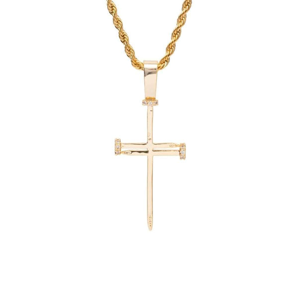 Gold Needle Cross Pendant Iced Out