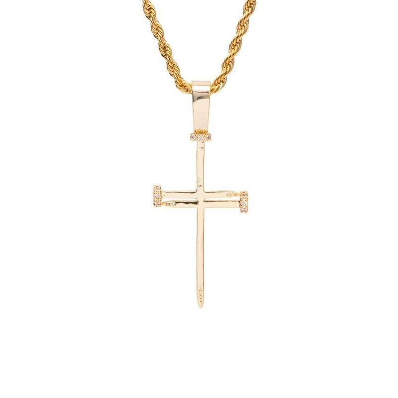 Gold Needle Cross Pendant Iced Out