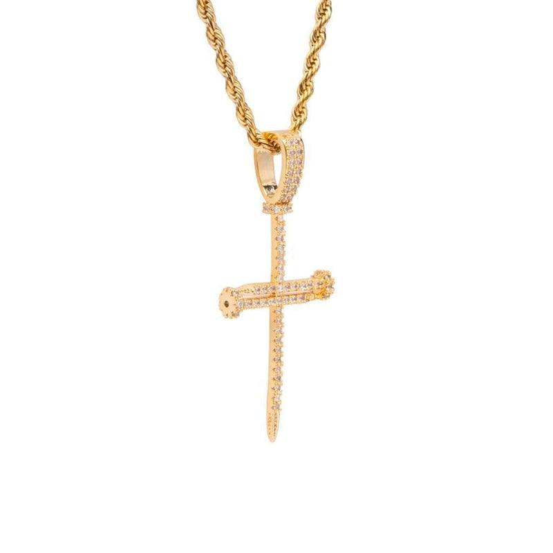 Gold Needle Cross Pendant Iced Out