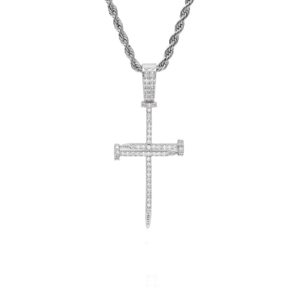 Iced Out White Gold Needle Cross Pendant