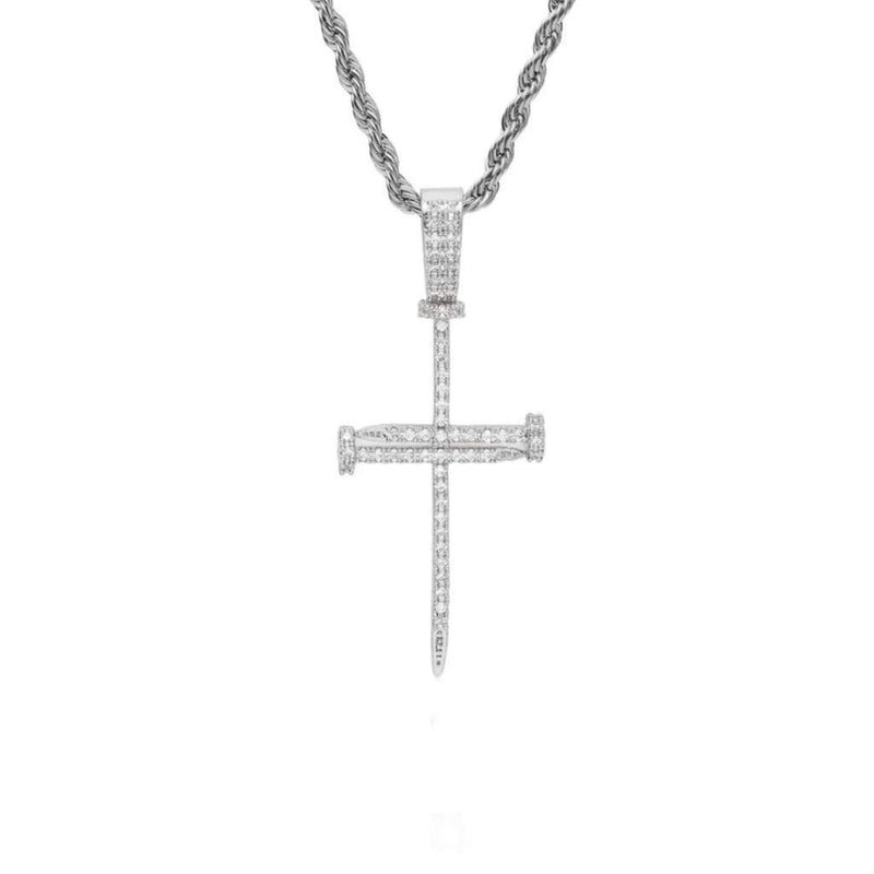 Iced Out White Gold Needle Cross Pendant
