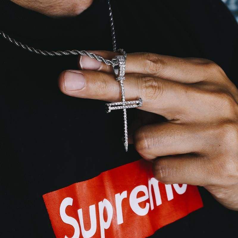 Iced Out White Gold Needle Cross Pendant