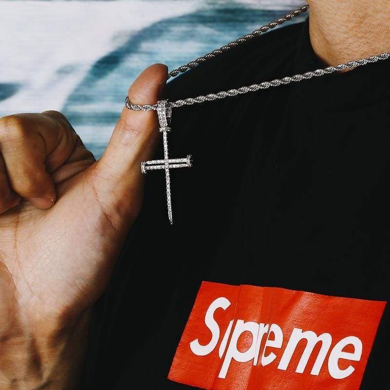 Iced Out White Gold Needle Cross Pendant