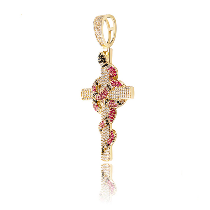 Gold Snake Cross Pendant Iced Out
