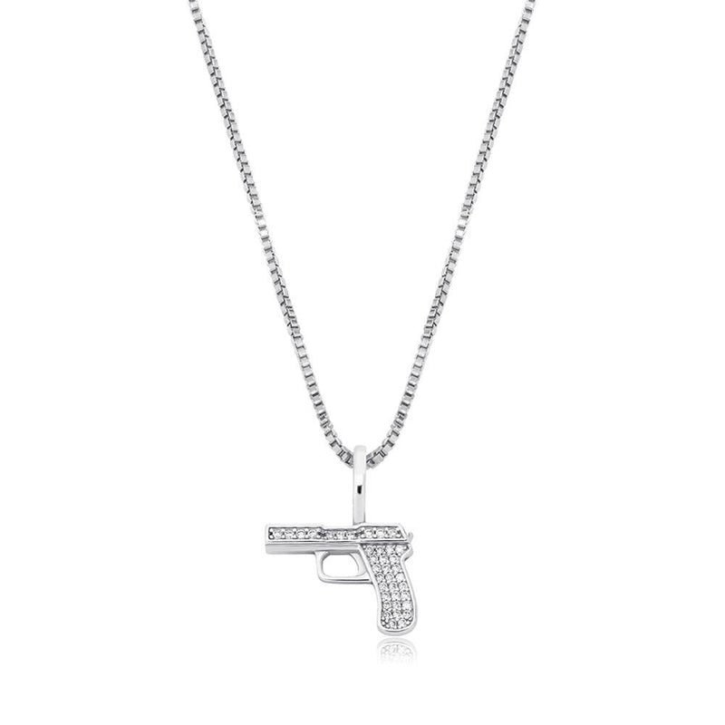 White Gold Cubic Gun Pendant Iced Out