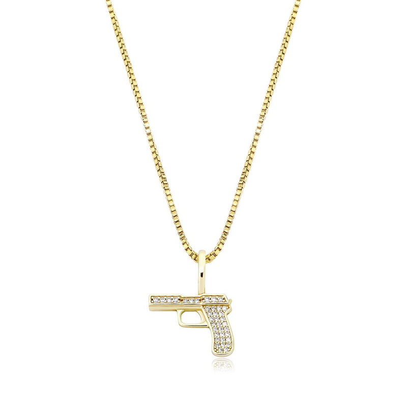 Gold Cubic Gun Pendant Iced Out