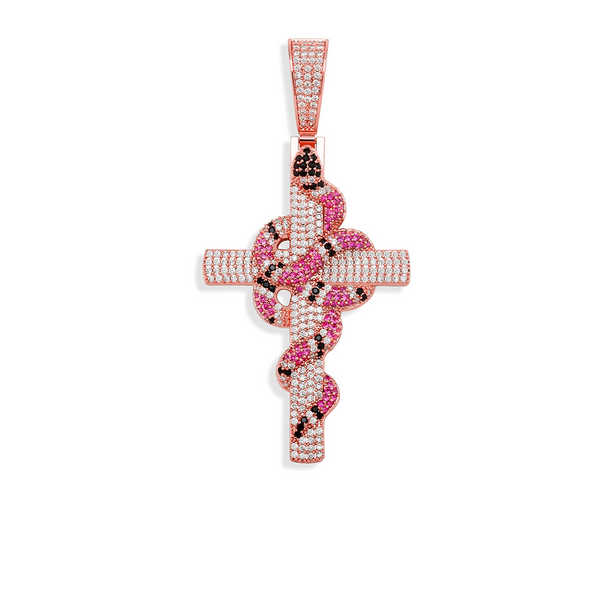 Rose Gold Snake Cross Pendant Iced Out